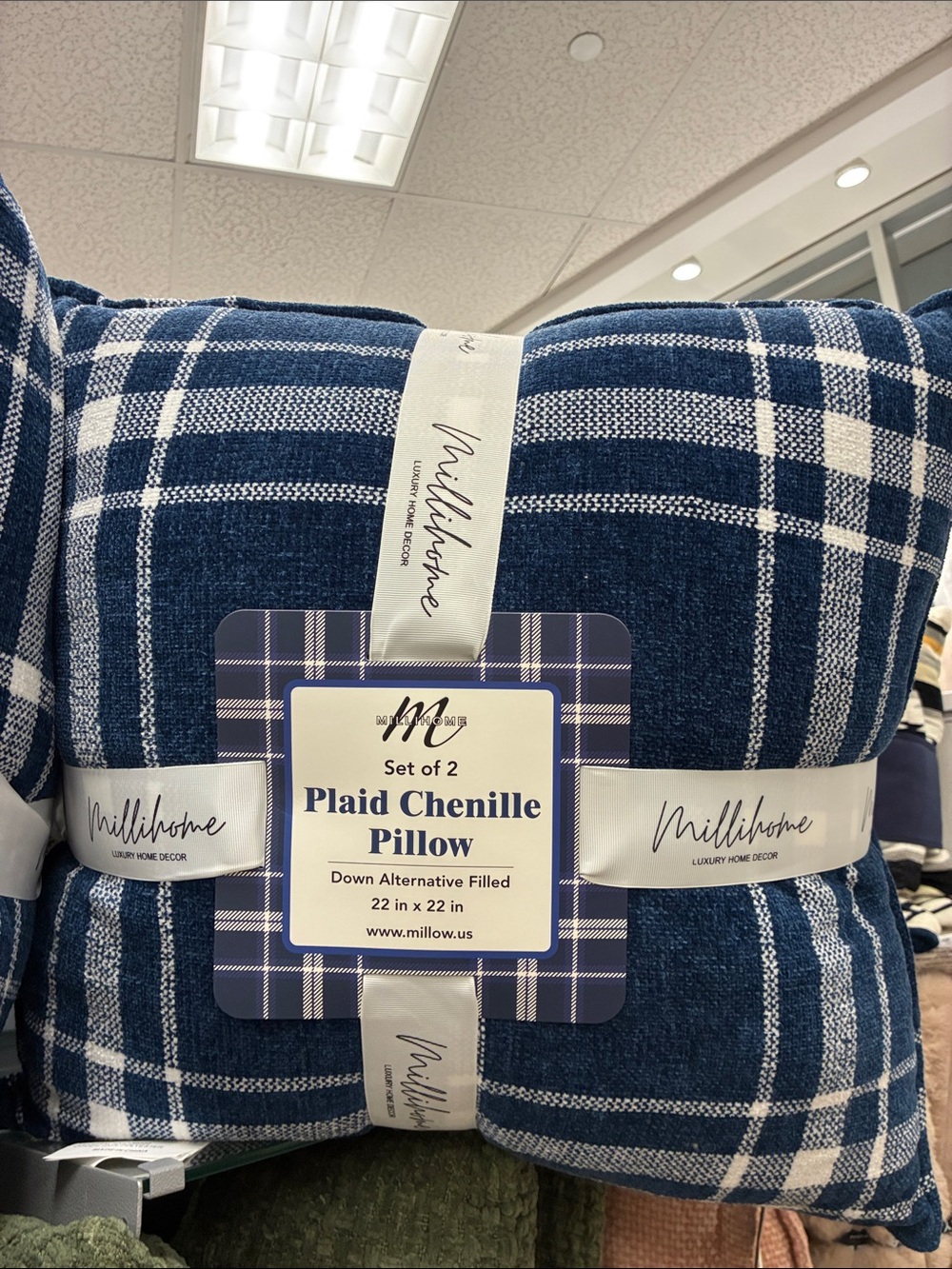 Plaid Chenille Pillow - Navy & White (Set of 2)
